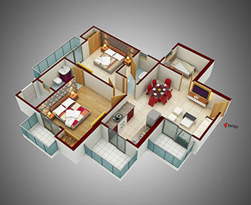 2 Bedroom + 2 Toilet + Study Floor Plan